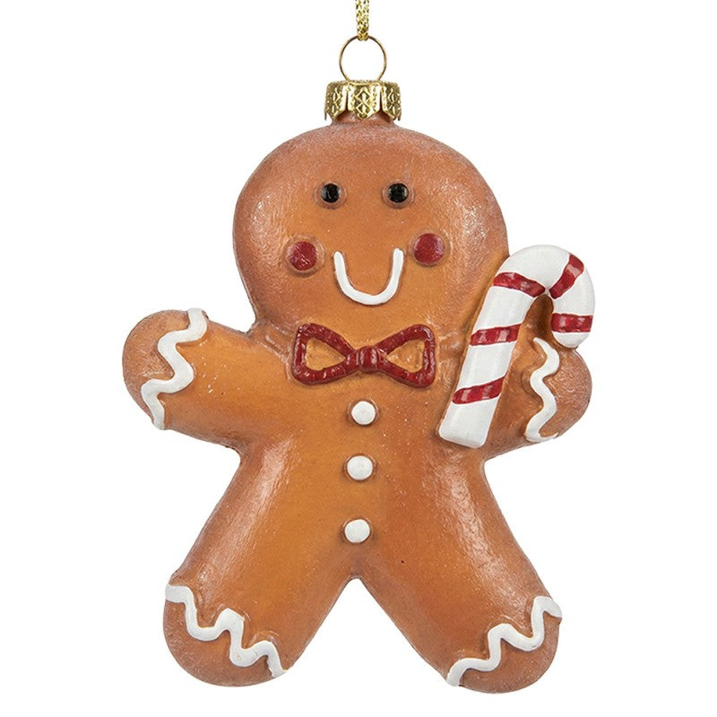 Weihnachtsanhänger Lebkuchenmann mit Zuckerstange Kunststoff bruchsicher Braun Weiß Rot 8x3x11 cm von Clayre & Eef (67092)