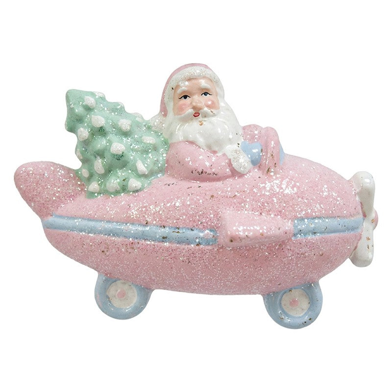 Weihnachtsanhänger Weihnachtsmann im Flugzeug mit Tannenbaum Kunststoff bruchsicher Rosa Glitzer 11x6x9 cm von Clayre & Eef (67097)