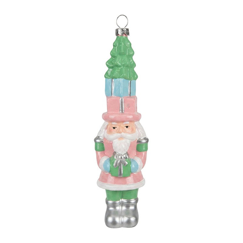 Weihnachtsanhänger Nussknacker mit Geschenketurm Kunststoff bruchsicher Rosa Mint Silber 5x5x18 cm von Clayre & Eef (67101)