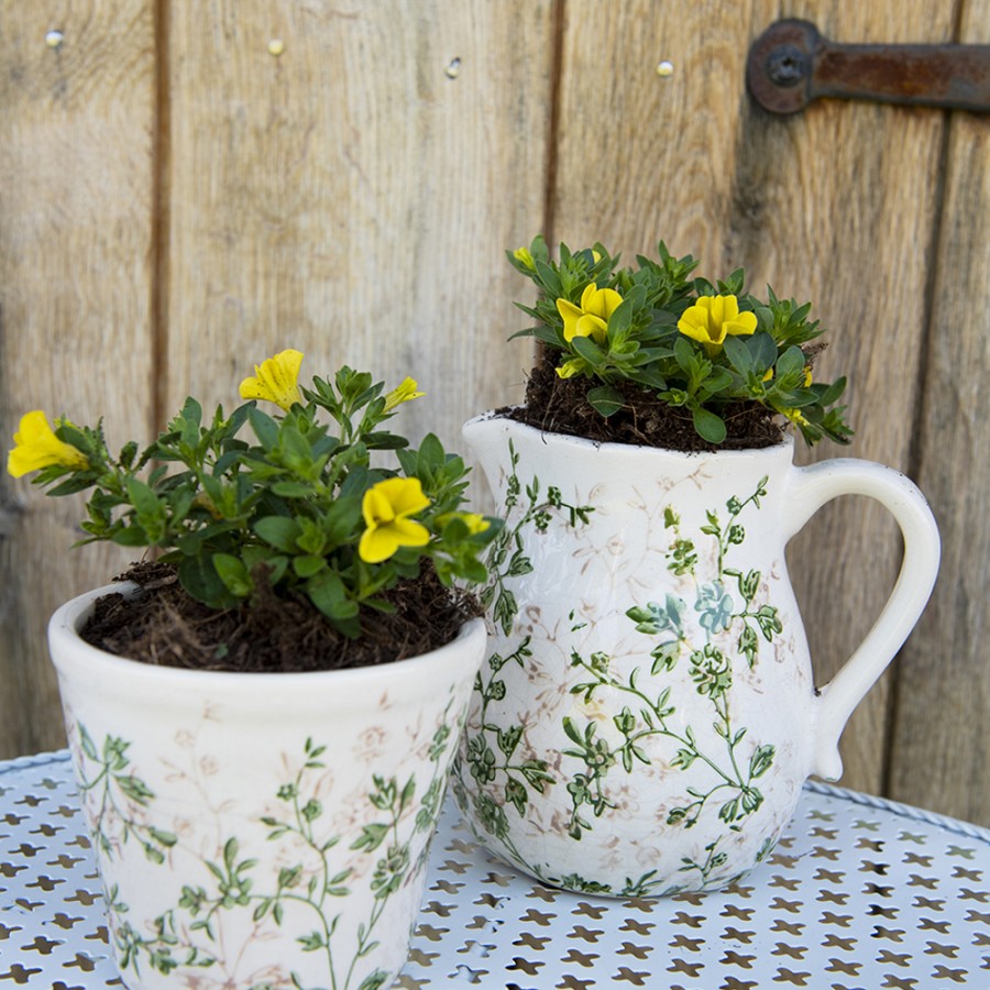 Clayre & Eef Keramik-Blumentopf grüne Ranken Ø 12x10 cm – Kompakter Übertopf S (6CE1457S)