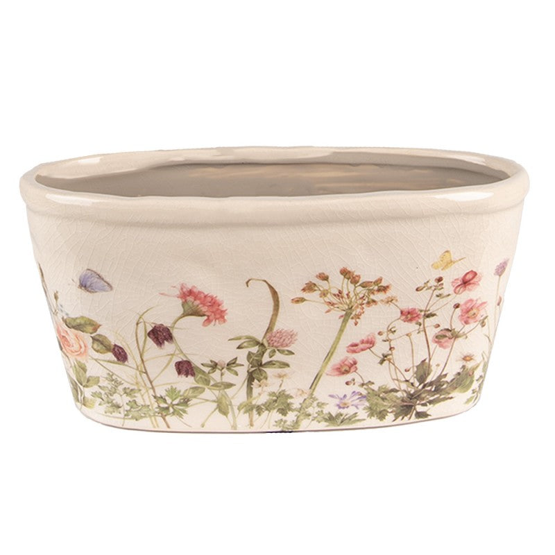 Clayre & Eef Keramik-Pflanzschale Wildblumenwiese Oval 27x13x14 cm – Schiffchen L (6CE1557L)