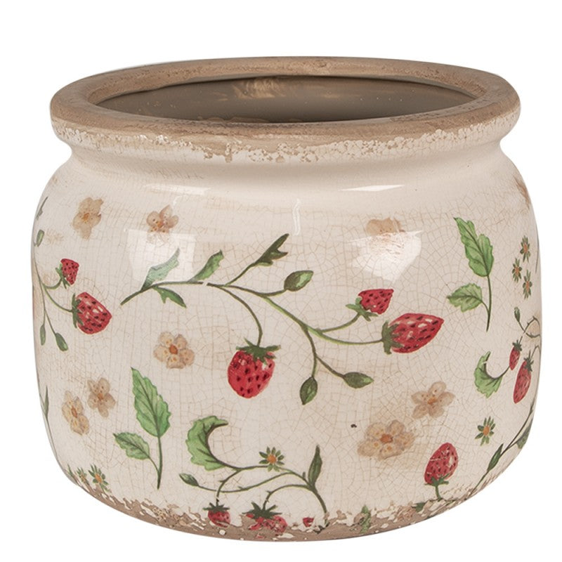 Clayre & Eef Keramik-Blumentopf Erdbeeren Ø 20x15 cm – Großer Übertopf L (6CE1632L)