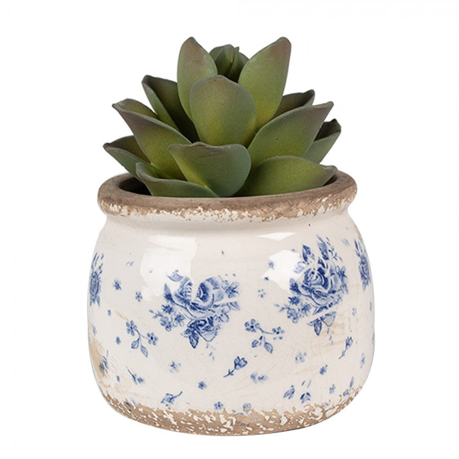 Clayre & Eef Blumentopf „Harmonie“ aus Keramik in Sandbeige blaue Ranken, Ø 12 cm (6CE1659S)