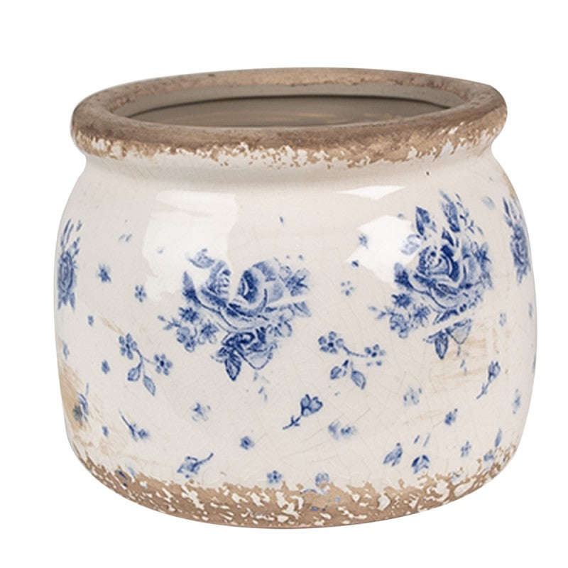 Clayre & Eef Blumentopf „Harmonie“ aus Keramik in Sandbeige blaue Ranken, Ø 12 cm (6CE1659S)