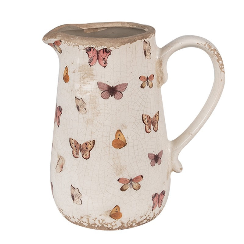 Dekorative Kanne Vase Keramik Schmetterlinge Bunt Beige Craquelé 16x12x18 cm von Clayre & Eef (6CE1663M)