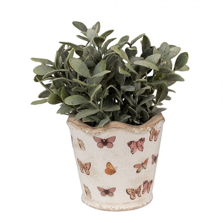 Clayre & Eef Blumentopf „Vintage Rille“ aus Keramik Schmetterlinge in Antikweiß, Ø 13 cm (6CE1664S)