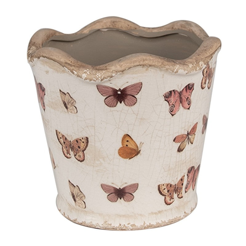 Clayre & Eef Blumentopf „Vintage Rille“ aus Keramik Schmetterlinge in Antikweiß, Ø 13 cm (6CE1664S)