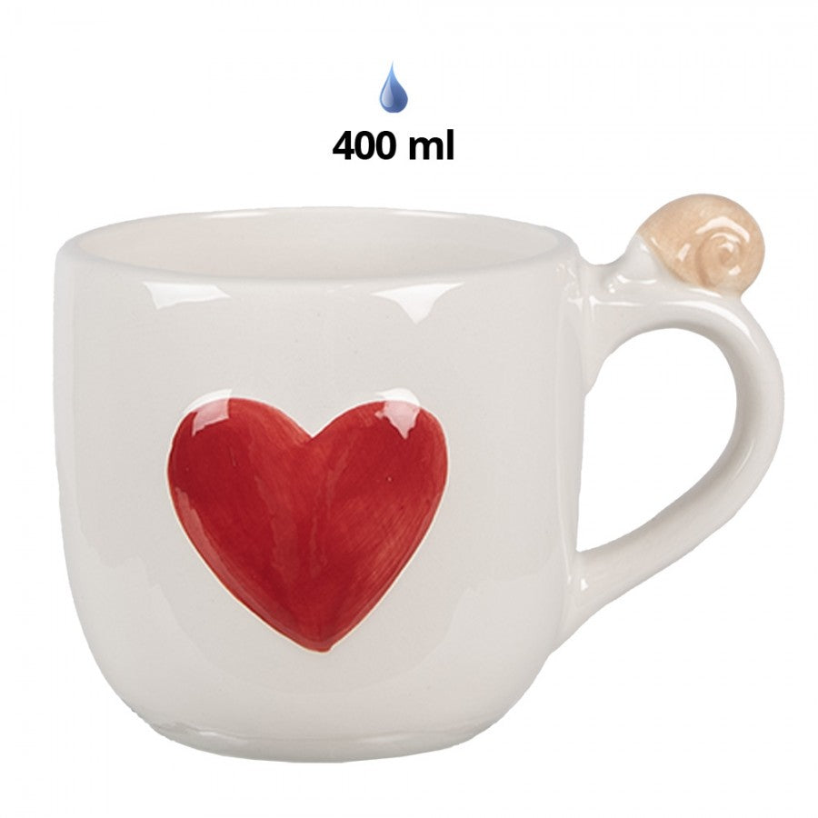 Becher mit Deckel Keramik mit 3D Pilz & Schnecke Deckel Fliegenpilz Schnecke & Herz Weiß-Rot 14x10x9-15 cm 400 ml von Clayre & Eef (6CE1702)