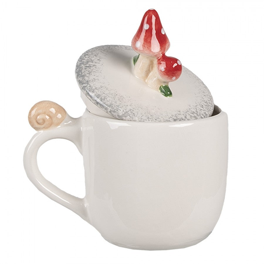 Becher mit Deckel Keramik mit 3D Pilz & Schnecke Deckel Fliegenpilz Schnecke & Herz Weiß-Rot 14x10x9-15 cm 400 ml von Clayre & Eef (6CE1702)