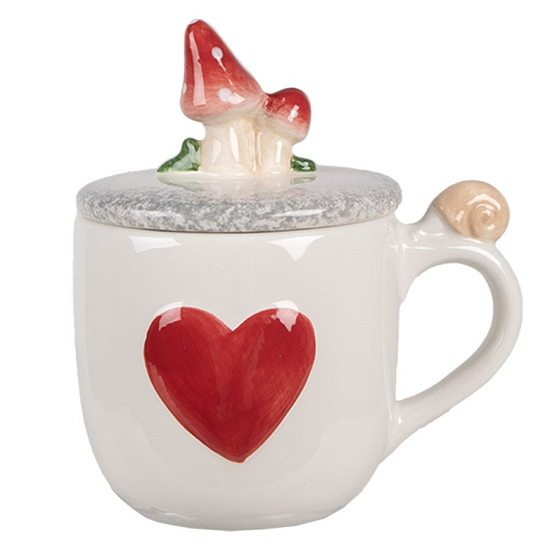 Becher mit Deckel Keramik mit 3D Pilz & Schnecke Deckel Fliegenpilz Schnecke & Herz Weiß-Rot 14x10x9-15 cm 400 ml von Clayre & Eef (6CE1702)