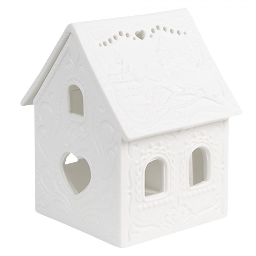 Clayre & Eef Teelichthalter Lithophanie Lichthaus 2-teilig Abnehmbares Dach Herzfenster Vogel & Waldkirche 7x8x9 cm (6CE1739)