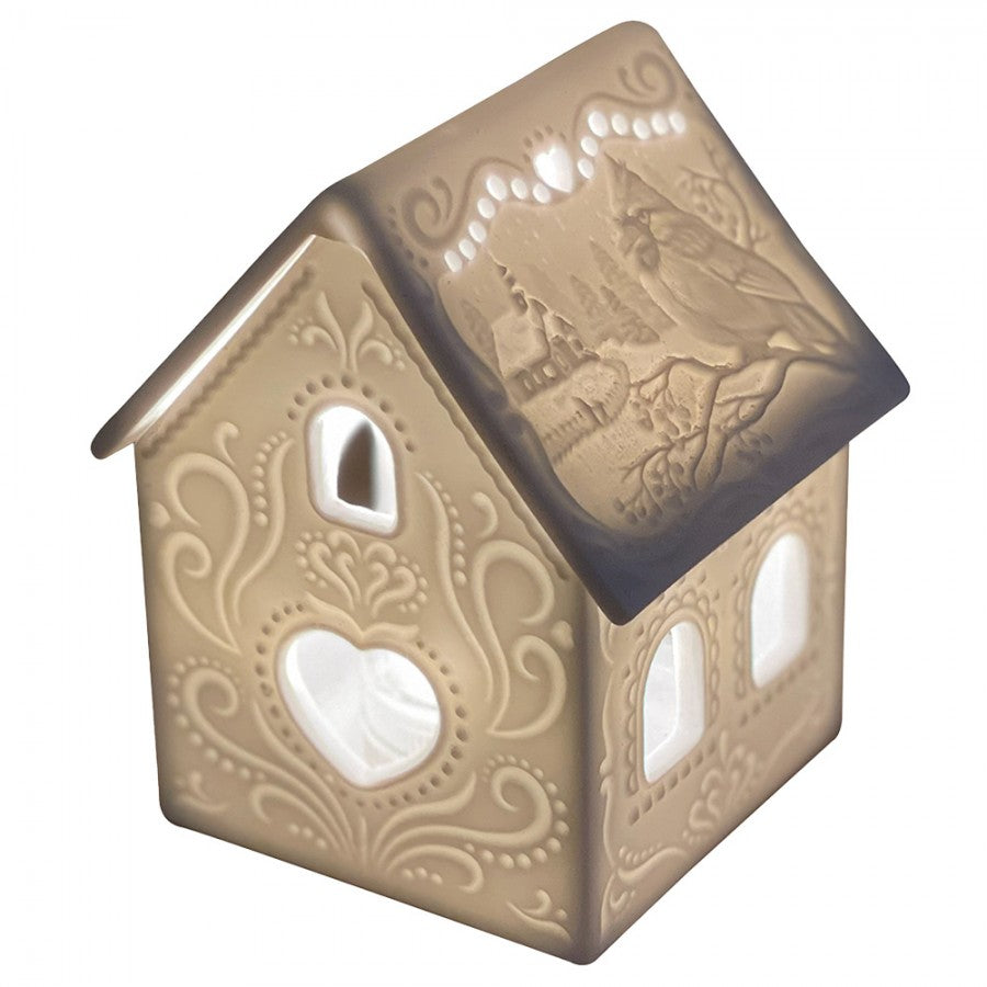 Clayre & Eef Teelichthalter Lithophanie Lichthaus 2-teilig Abnehmbares Dach Herzfenster Vogel & Waldkirche 7x8x9 cm (6CE1739)