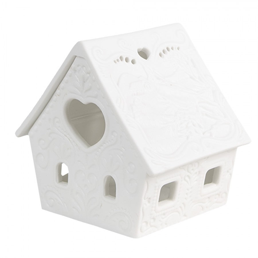 Clayre & Eef Teelichthalter Lithophanie Almchalet 2-teilig Abnehmbares Dach Giebel-Herz Vogel & Berghuette 9x7x8 cm (6CE1740)