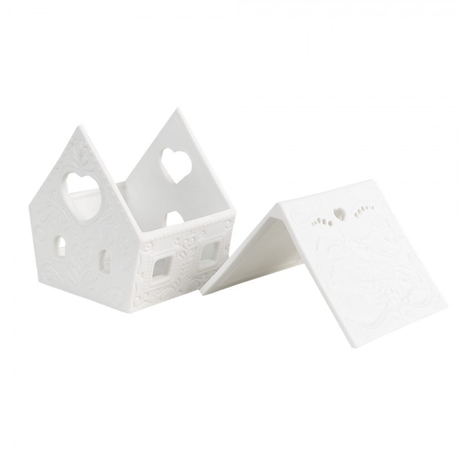 Clayre & Eef Teelichthalter Lithophanie Almchalet 2-teilig Abnehmbares Dach Giebel-Herz Vogel & Berghuette 9x7x8 cm (6CE1740)
