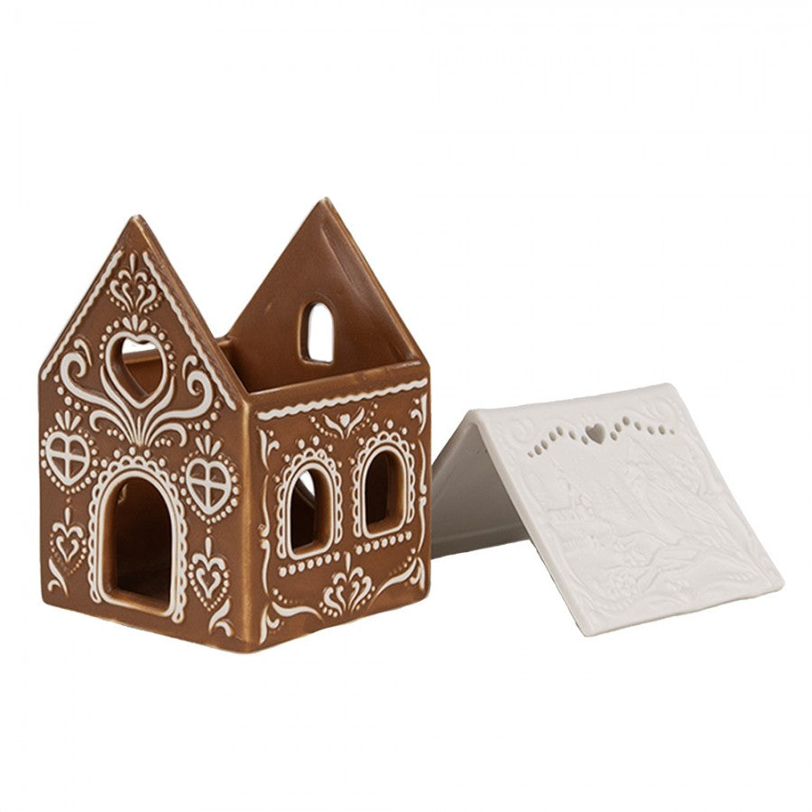 Clayre & Eef Teelichthalter Lebkuchenhaus 2-teilig Braun Zuckerguss Bisquitporzellan Dach 7x8x9 cm (6CE1742)
