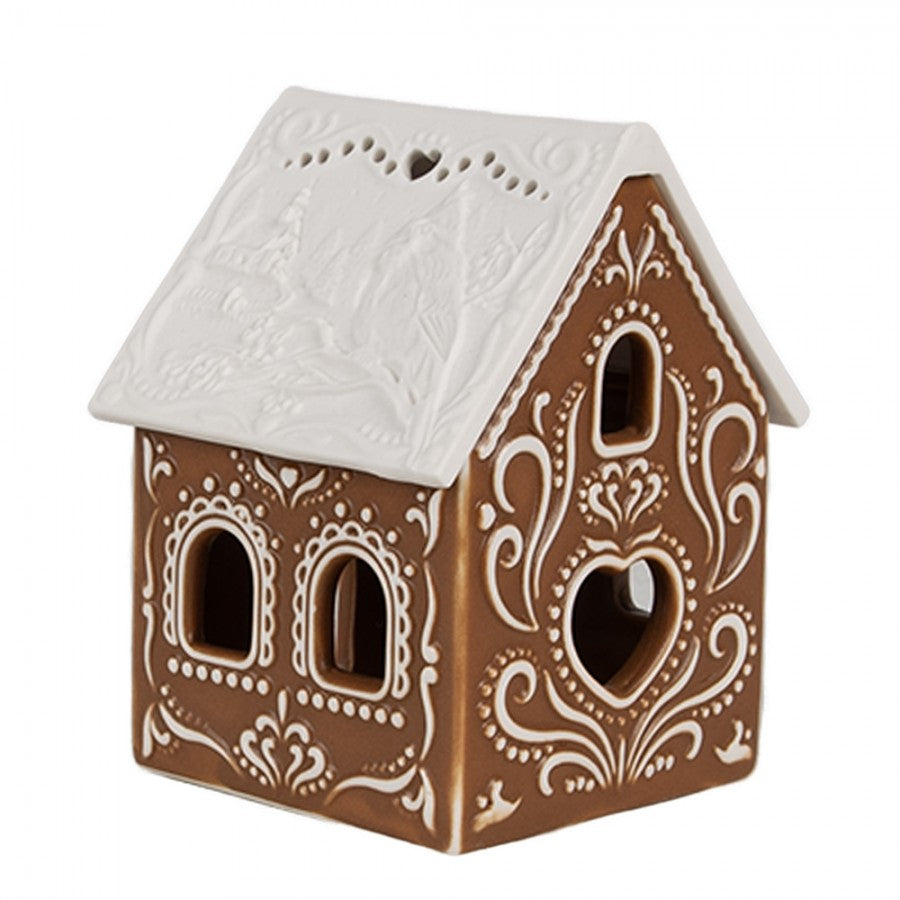 Clayre & Eef Teelichthalter Lebkuchenhaus 2-teilig Braun Zuckerguss Bisquitporzellan Dach 7x8x9 cm (6CE1742)