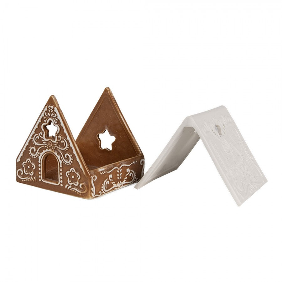 Clayre & Eef Teelichthalter Lebkuchenhaus A-Frame 2-teilig Braun Sternfenster Bisquitporzellan Eulen Dach 8x8x8 cm (6CE1744)