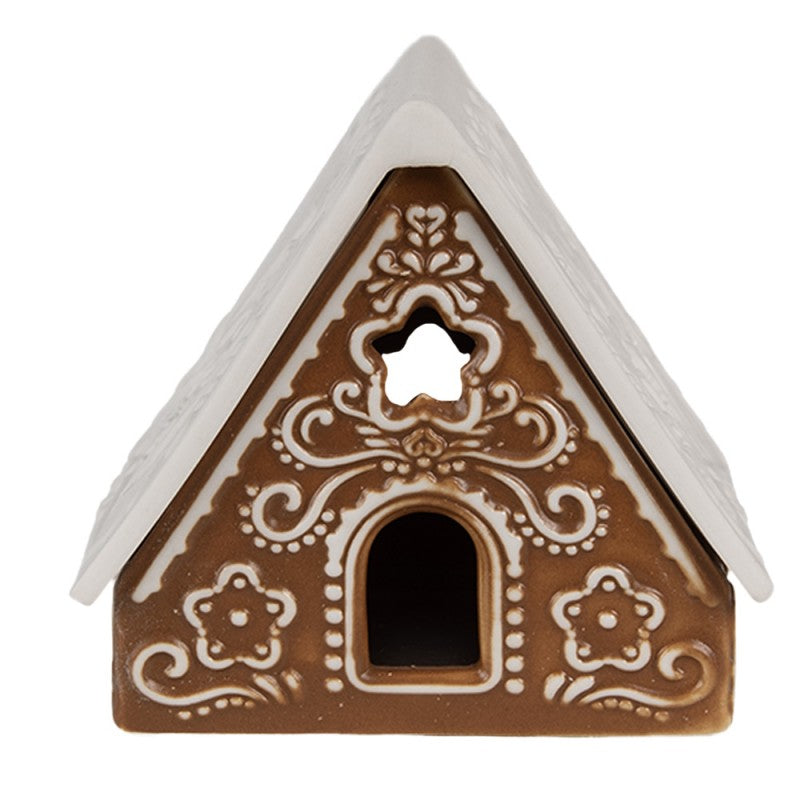 Clayre & Eef Teelichthalter Lebkuchenhaus A-Frame 2-teilig Braun Sternfenster Bisquitporzellan Eulen Dach 8x8x8 cm (6CE1744)