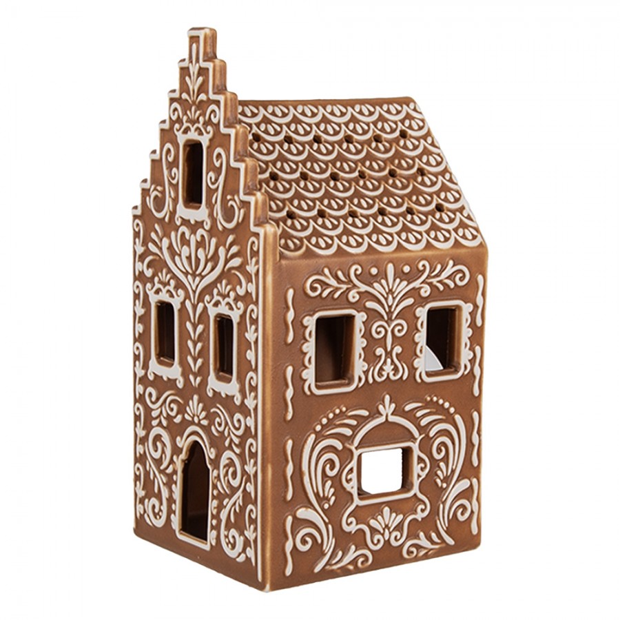 Clayre & Eef Teelichthalter Porzellan Lebkuchenhaus Grachtenhaus Treppengiebel Weisser Zuckerguss 7x7x15 cm (6CE1745)