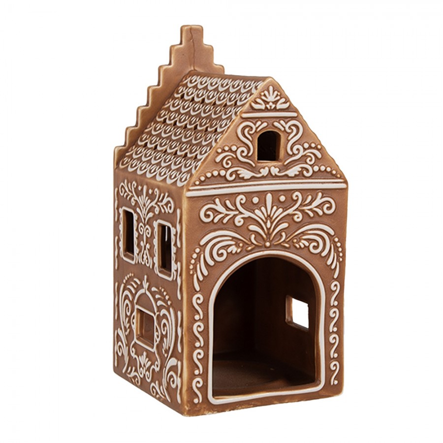 Clayre & Eef Teelichthalter Porzellan Lebkuchenhaus Grachtenhaus Treppengiebel Weisser Zuckerguss 7x7x15 cm (6CE1745)