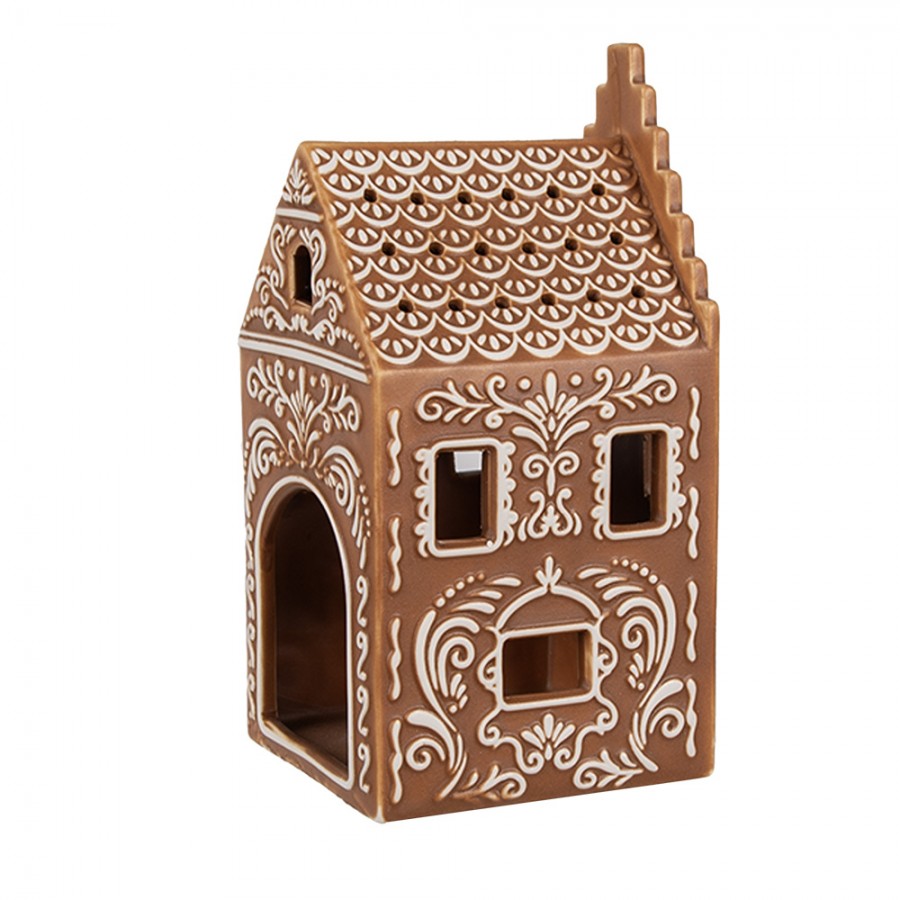 Clayre & Eef Teelichthalter Porzellan Lebkuchenhaus Grachtenhaus Treppengiebel Weisser Zuckerguss 7x7x15 cm (6CE1745)