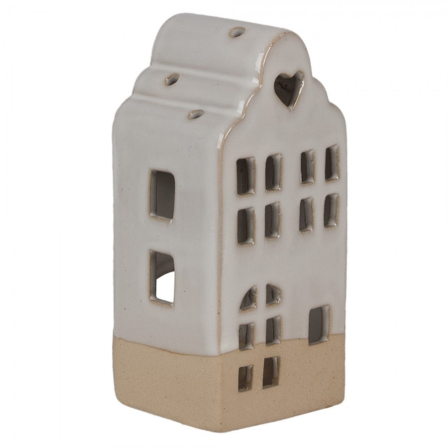 Clayre & Eef Teelichthalter Keramik Lichthaus Amsterdamer Grachtenhaus Glockengiebel Herz Beige 7x6x14 cm (6CE1789)
