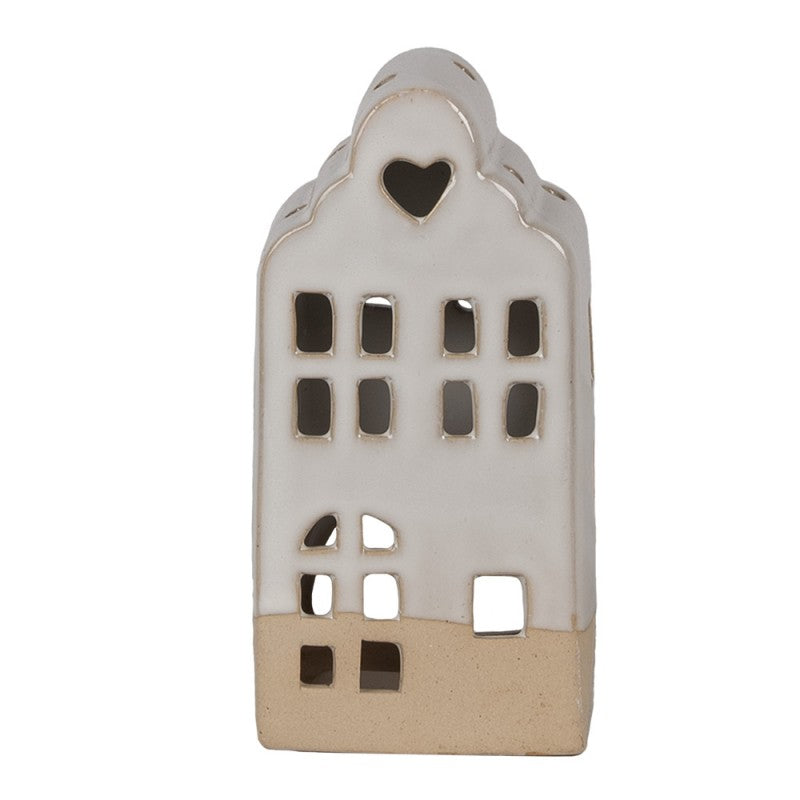 Clayre & Eef Teelichthalter Keramik Lichthaus Amsterdamer Grachtenhaus Glockengiebel Herz Beige 7x6x14 cm (6CE1789)