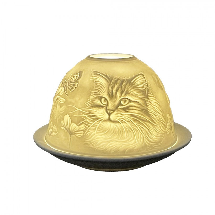 Clayre & Eef Teelichthalter Lithophanie Langhaarkatze Perser Waldkatze Biskuitporzellan Ø 12x8 cm (6CE1809)