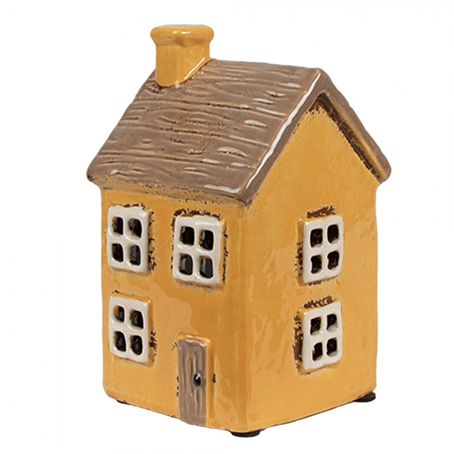 Clayre & Eef Teelichthalter Keramik Lichthaus Cottage Ockergelb Kamin Holzdach Relief 9x9x15 cm (6CE1891)
