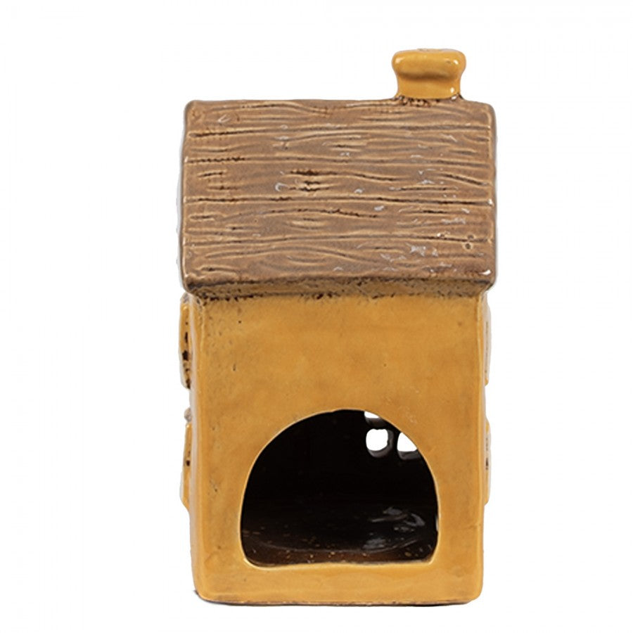 Clayre & Eef Teelichthalter Keramik Lichthaus Cottage Ockergelb Kamin Holzdach Relief 9x9x15 cm (6CE1891)