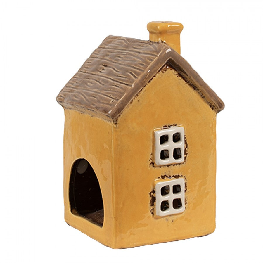 Clayre & Eef Teelichthalter Keramik Lichthaus Cottage Ockergelb Kamin Holzdach Relief 9x9x15 cm (6CE1891)
