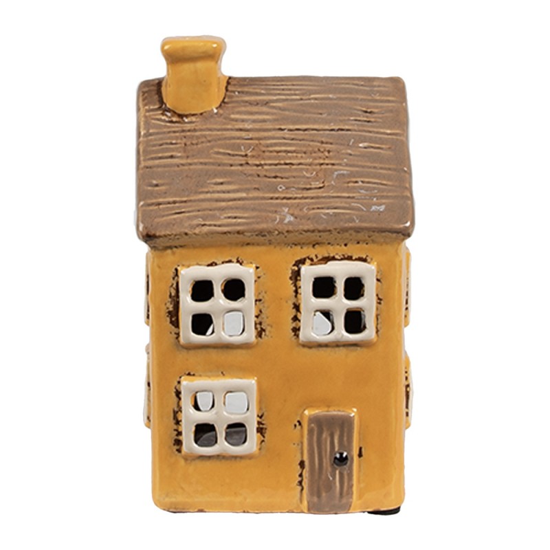 Clayre & Eef Teelichthalter Keramik Lichthaus Cottage Ockergelb Kamin Holzdach Relief 9x9x15 cm (6CE1891)