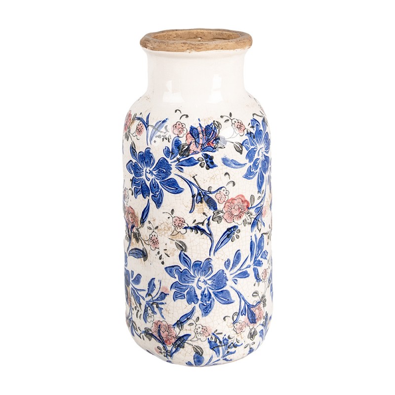 Vintage-Dekovase Blütenranken Blau-Rosa Creme Keramik mit Craquelé Ø 15x32 cm von Clayre & Eef (6CE1928L)