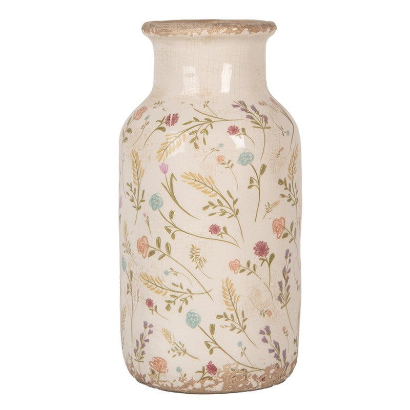 Vintage-Dekovase Wildblumen & Ähren Creme-Beige Keramik mit Craquelé Ø 14x26 cm von Clayre & Eef (6CE1931M)