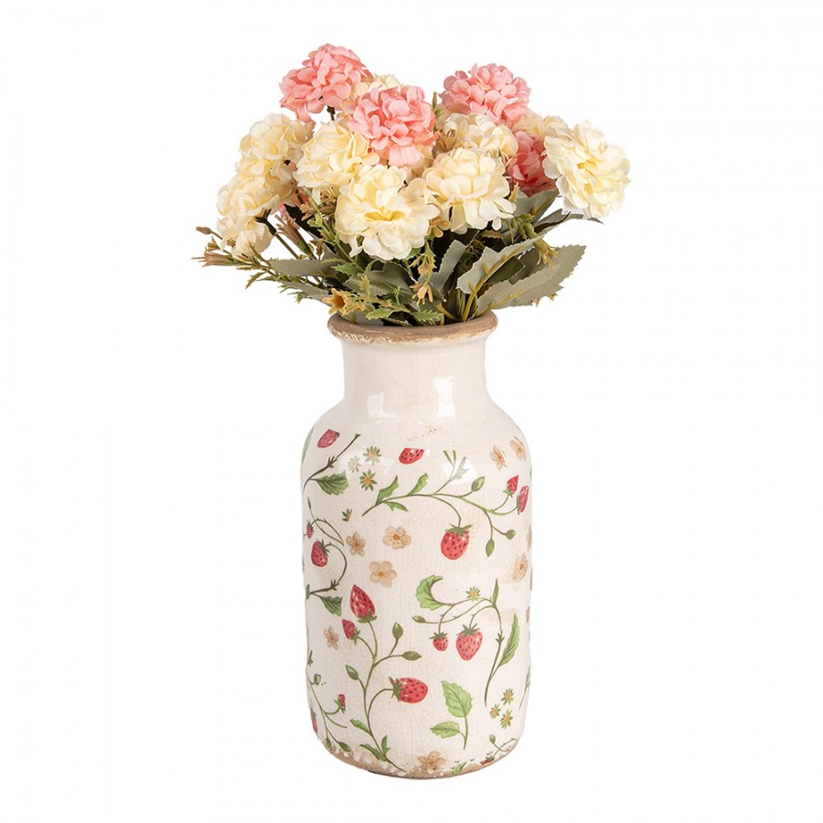 Vintage-Dekovase Erdbeeren & Blüten Creme-Rot Keramik mit Craquelé Ø 14x26 cm von Clayre & Eef (6CE1933M)