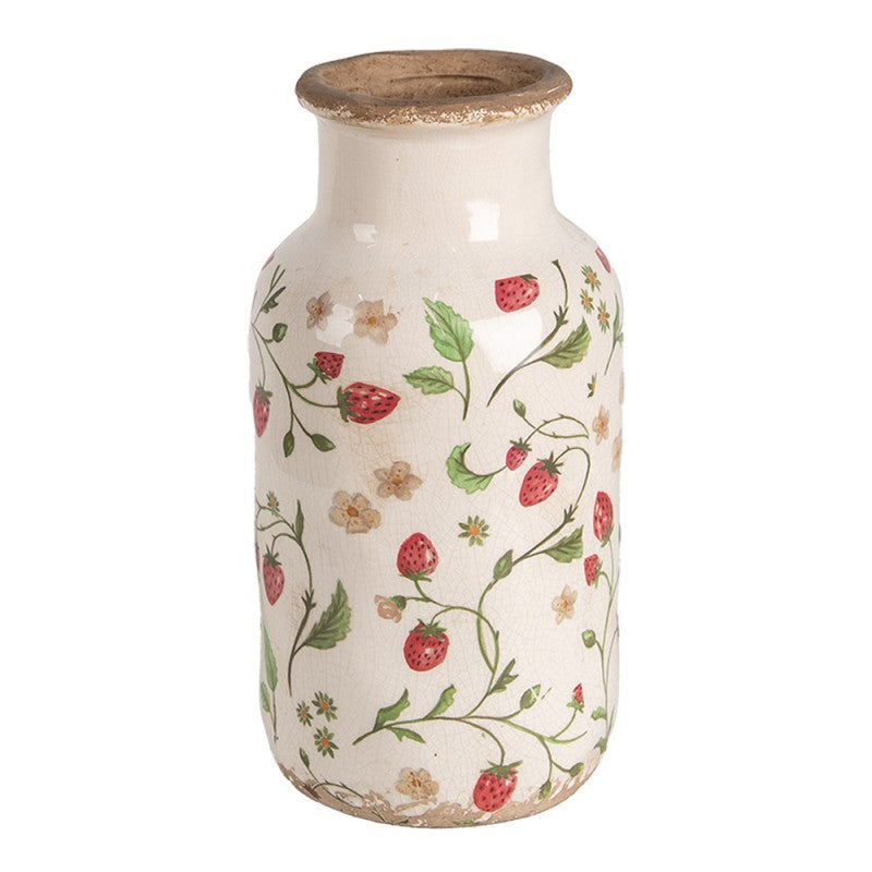 Vintage-Dekovase Erdbeeren & Blüten Creme-Rot Keramik mit Craquelé Ø 14x26 cm von Clayre & Eef (6CE1933M)