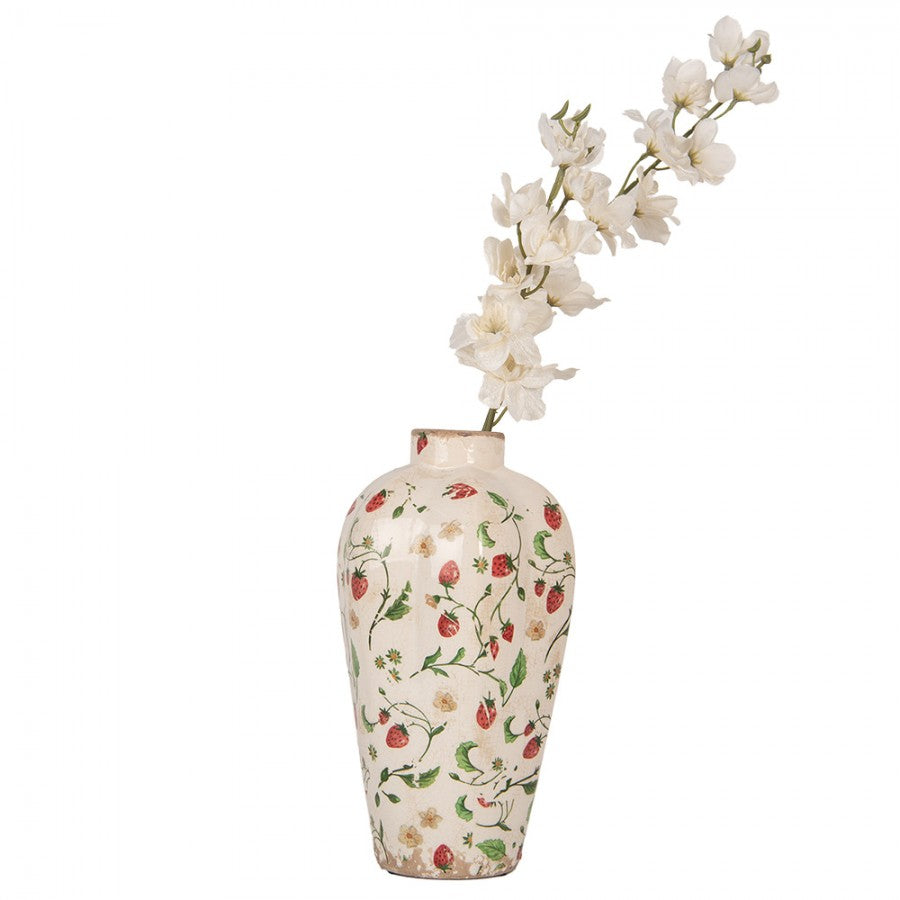 Vintage-Dekovase Erdbeeren & Blüten Creme-Rot Keramik mit Craquelé Ø 17x29 cm von Clayre & Eef (6CE1939S)