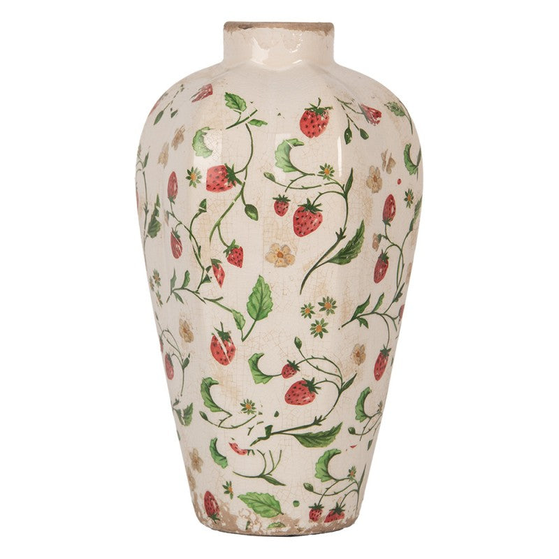 Vintage-Dekovase Erdbeeren & Blüten Creme-Rot Keramik mit Craquelé Ø 17x29 cm von Clayre & Eef (6CE1939S)