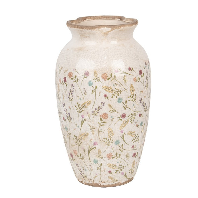 Vintage-Dekovase Wildblumen & Ähren Creme-Rosa Keramik Craquelé Ø 21x37 cm von Clayre & Eef (6CE1941L)