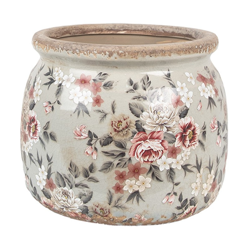 Clayre & Eef Blumentopf „Rustikal Ocker Blüten-Meer“ aus Keramik in Vintage-Braun, Ø 16 cm (6CE1964M)