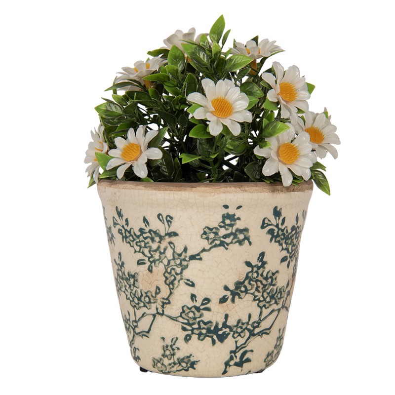 Clayre & Eef Blumentopf „Elegance Rille“ aus Keramik in Antikweiß mit blauen Ranken, Ø 12 cm (6CE1976S)