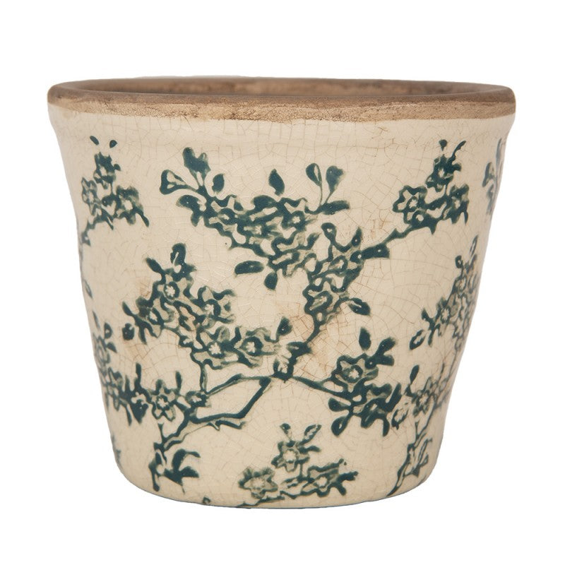 Clayre & Eef Blumentopf „Elegance Rille“ aus Keramik in Antikweiß mit blauen Ranken, Ø 12 cm (6CE1976S)