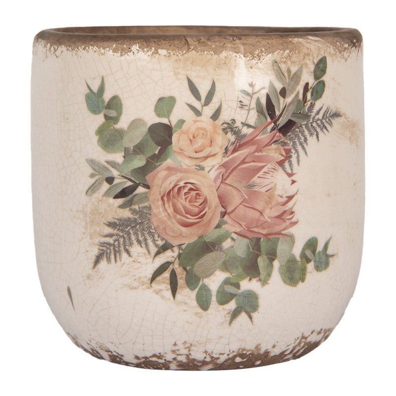 Clayre & Eef Blumentopf „Naturstein-Optik“ Blumen aus Keramik in Sandgrau, Ø 14 cm (6CE1981M)
