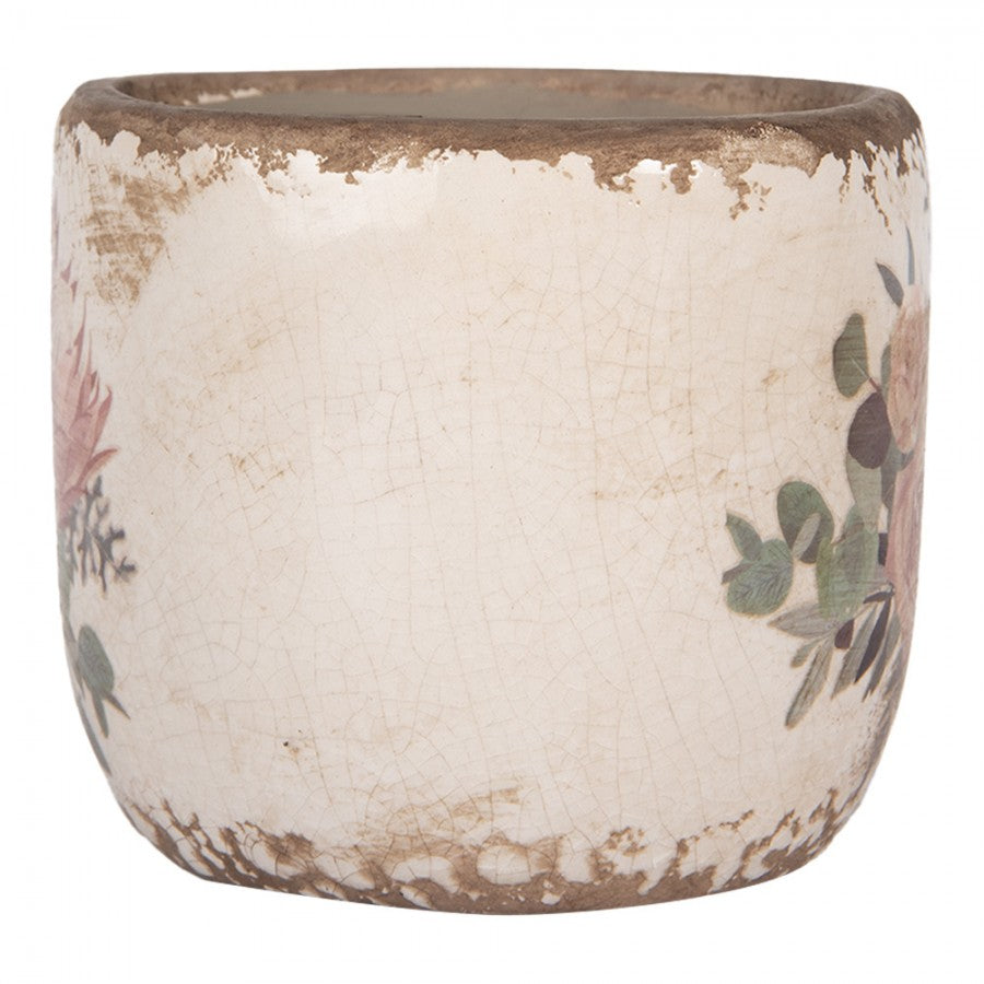 Clayre & Eef Blumentopf „Naturstein-Optik“ Rosen-Blüten aus Keramik in Sandgrau, Ø 11 cm (6CE1981S)