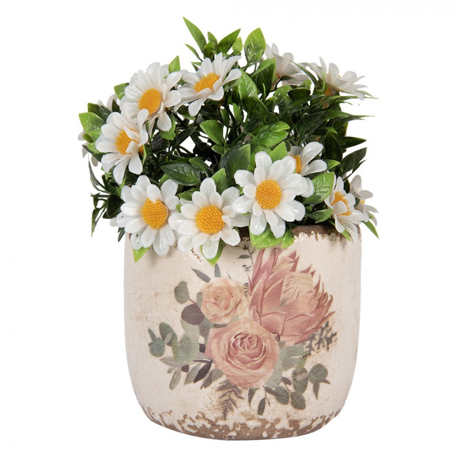 Clayre & Eef Blumentopf „Naturstein-Optik“ Rosen-Blüten aus Keramik in Sandgrau, Ø 11 cm (6CE1981S)