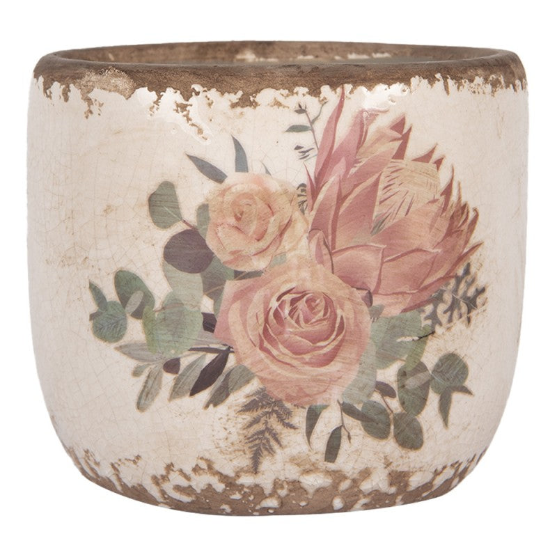 Clayre & Eef Blumentopf „Naturstein-Optik“ Rosen-Blüten aus Keramik in Sandgrau, Ø 11 cm (6CE1981S)