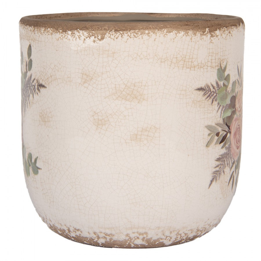 Clayre & Eef Blumentopf „Naturstein-Optik Rosen-Blüten“ aus Keramik in Sandgrau, Ø 20 cm (6CE1981XL)