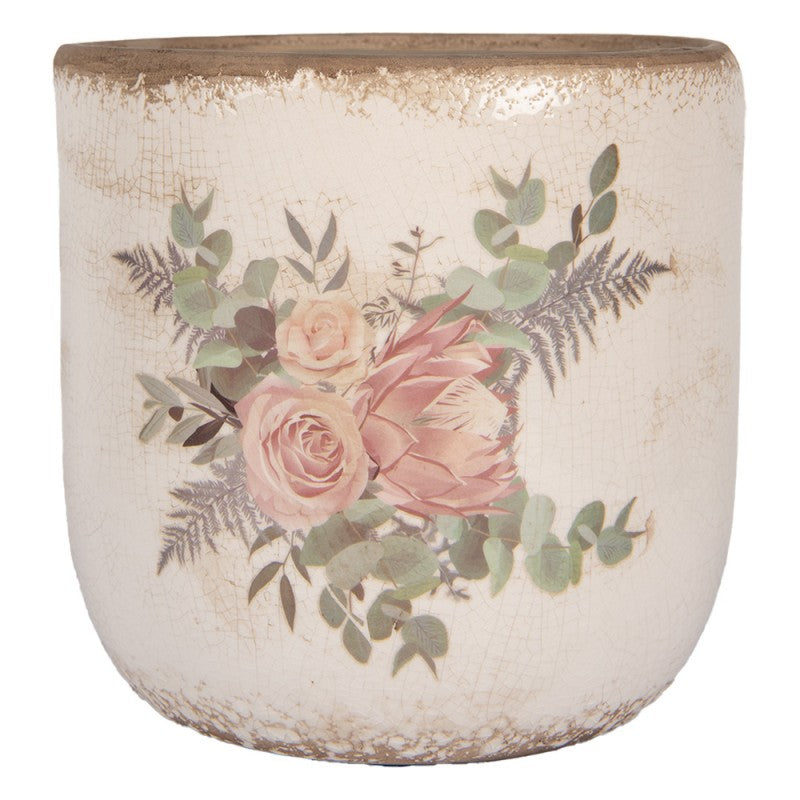 Clayre & Eef Blumentopf „Naturstein-Optik Rosen-Blüten“ aus Keramik in Sandgrau, Ø 20 cm (6CE1981XL)