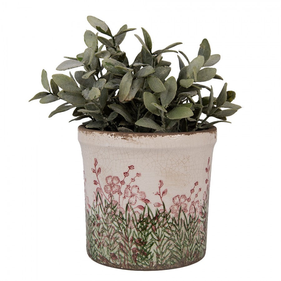 Clayre & Eef Blumentopf „Florentine Relief Wildblumen“ aus Keramik in Salbeigrün, Ø 15 cm (6CE2017M)