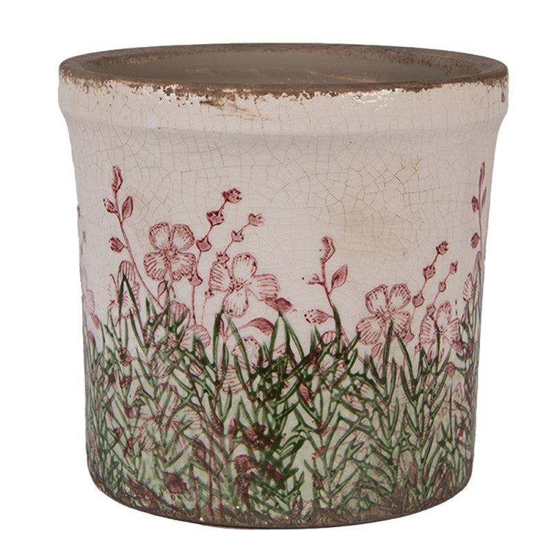 Clayre & Eef Blumentopf „Florentine Relief Wildblumen“ aus Keramik in Salbeigrün, Ø 15 cm (6CE2017M)